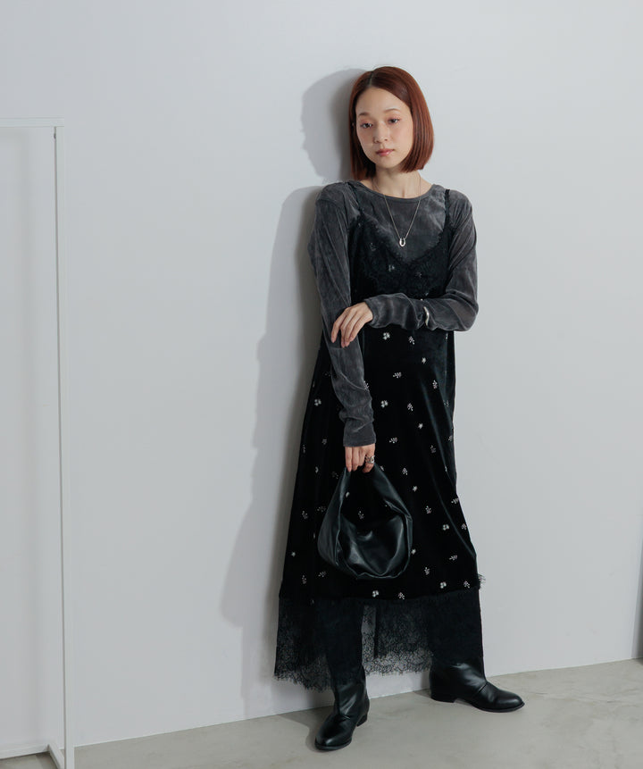 【SET】シアーベロアロングスリーブトップス+ベロア刺繍レースキャミワンピース(2set)