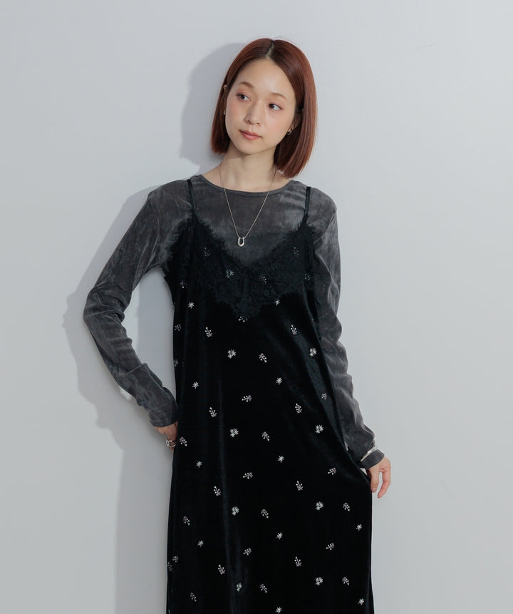 ベロア刺繍レースキャミワンピース