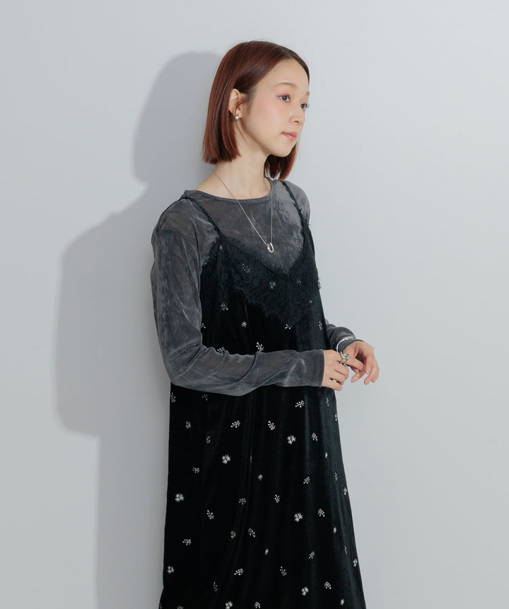 ベロア刺繍レースキャミワンピース