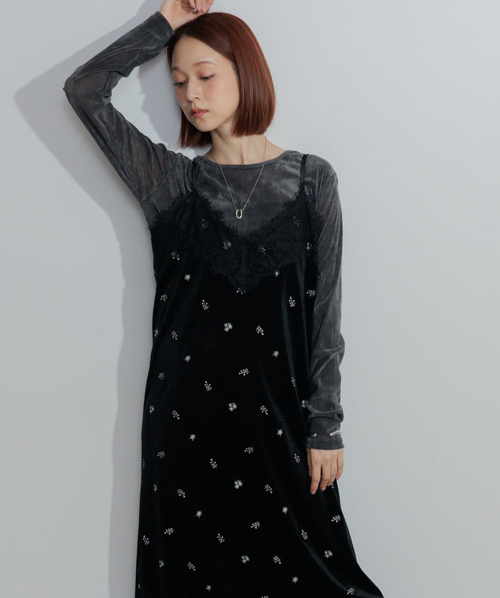 【SET】シアーベロアロングスリーブトップス+ベロア刺繍レースキャミワンピース(2set)