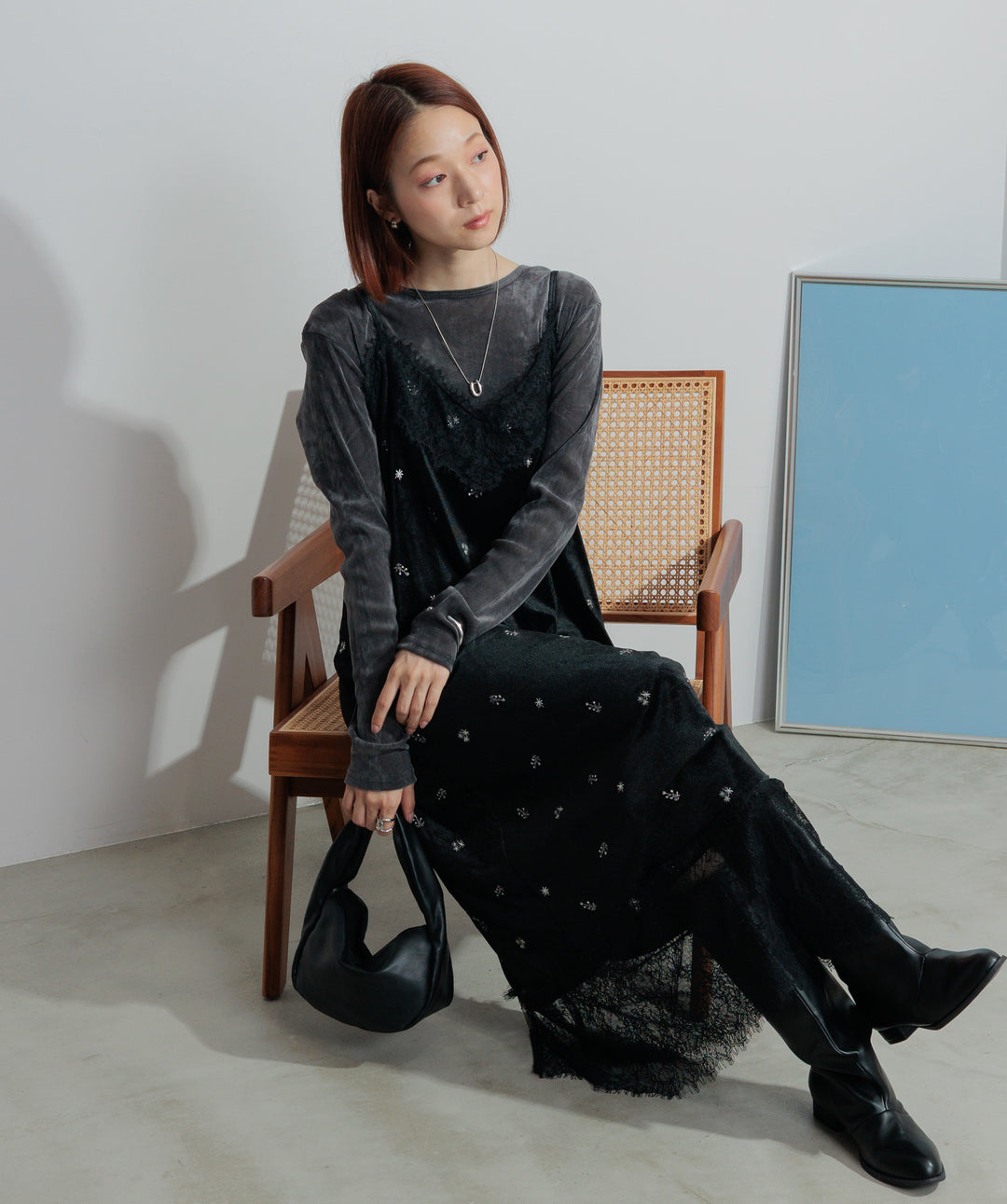 【SET】シアーベロアロングスリーブトップス+ベロア刺繍レースキャミワンピース(2set)
