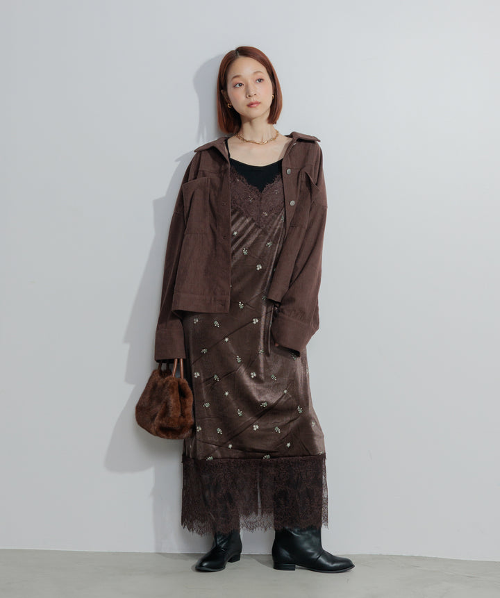 ベロア刺繍レースキャミワンピース
