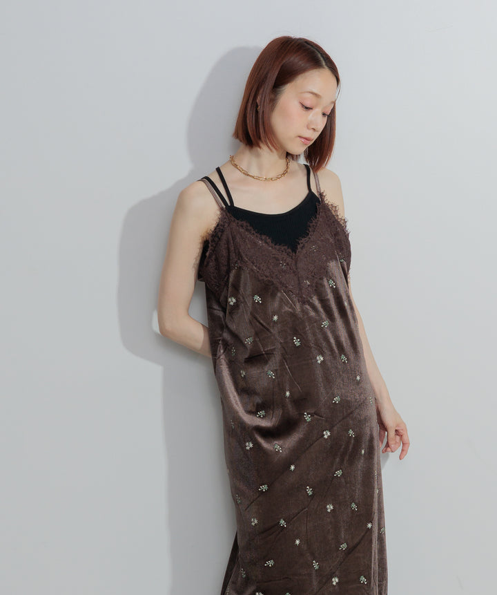ベロア刺繍レースキャミワンピース