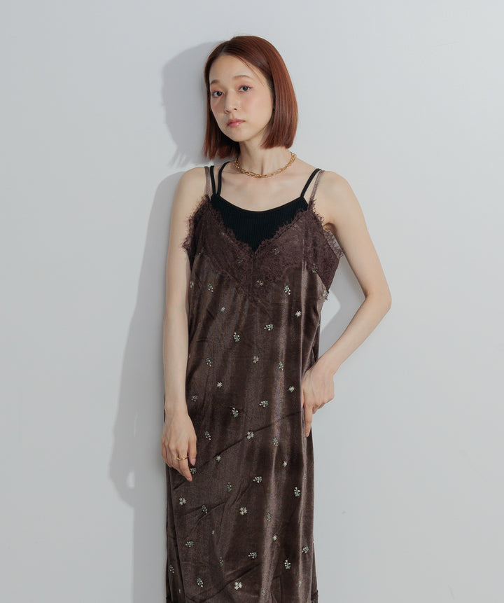 ベロア刺繍レースキャミワンピース