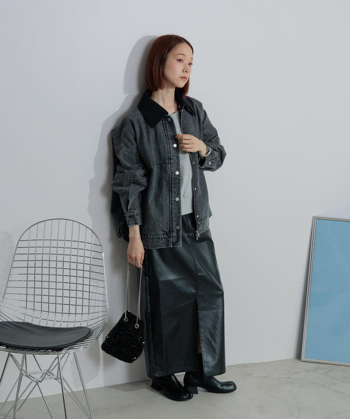 フェイクレザースリットロングスカート
