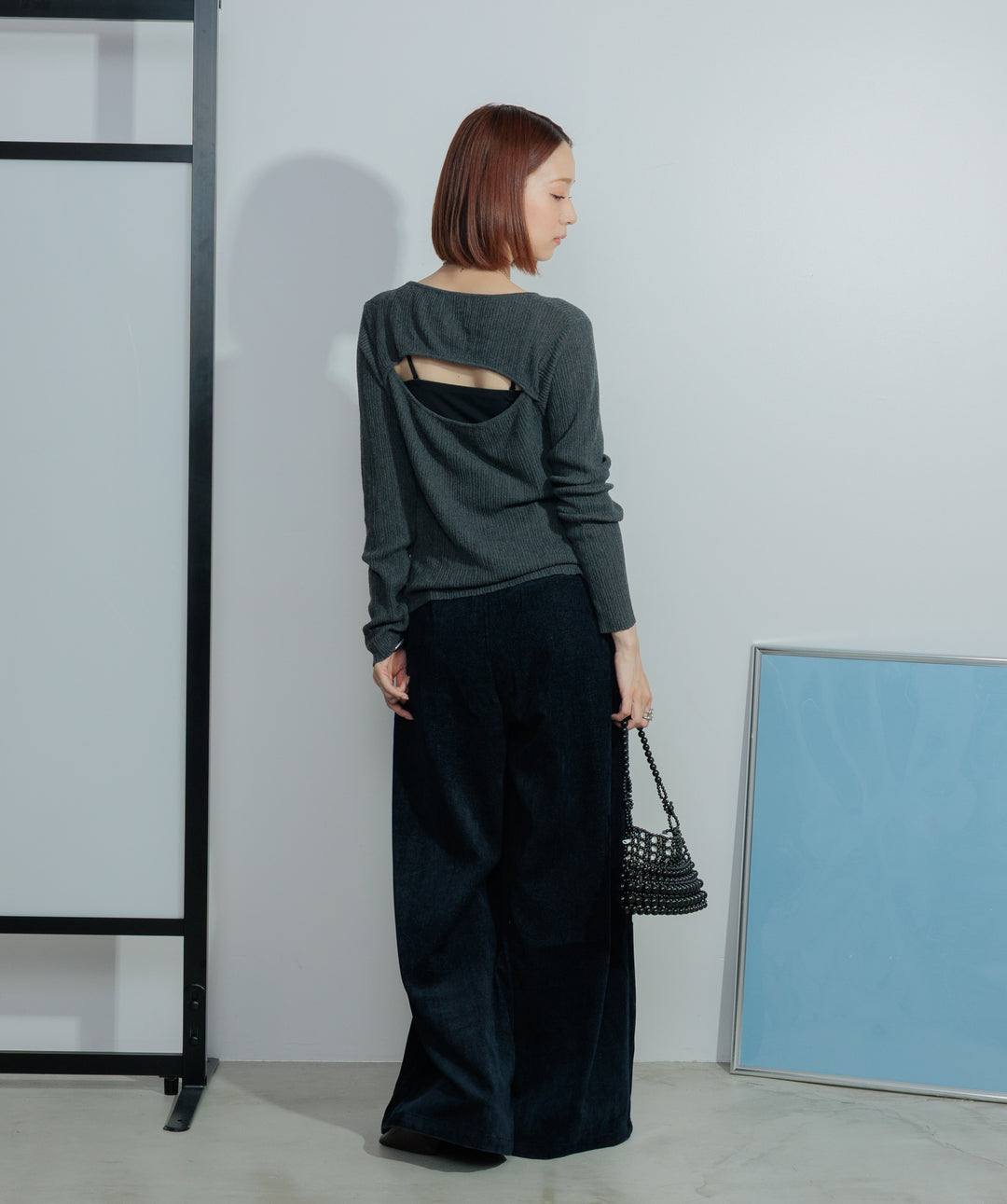 【SET】バックオープンリブカットソー+コーデュロイベロアタックワイドパンツ(2set)