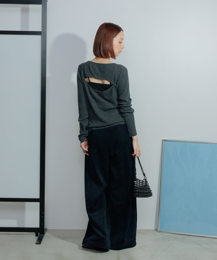【SET】バックオープンリブカットソー+コーデュロイベロアタックワイドパンツ(2set)