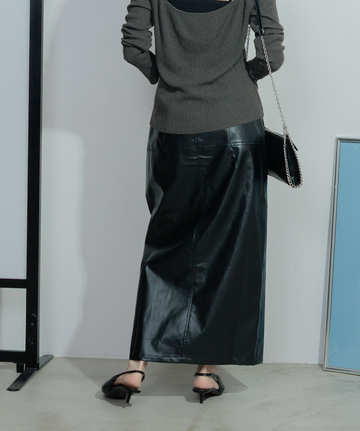 【SET】バックオープンリブカットソー+フェイクレザースリットロングスカート(2set)