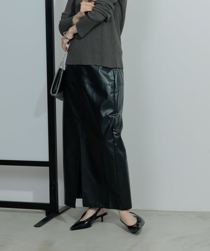 【SET】バックオープンリブカットソー+フェイクレザースリットロングスカート(2set)