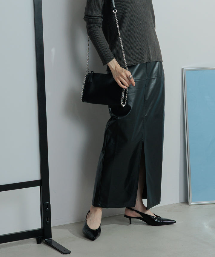 【SET】バックオープンリブカットソー+フェイクレザースリットロングスカート(2set)