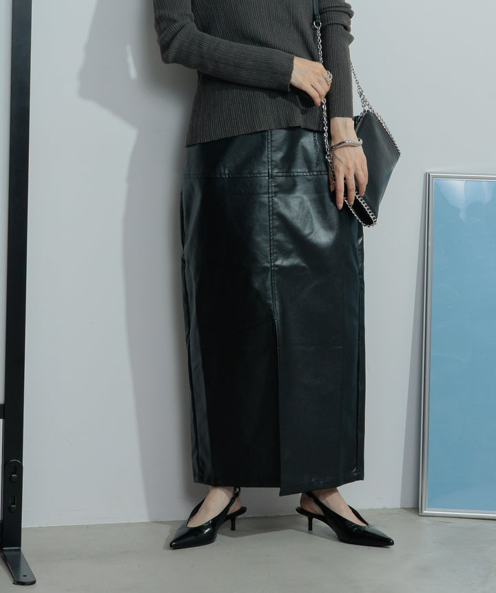 【SET】バックオープンリブカットソー+フェイクレザースリットロングスカート(2set)