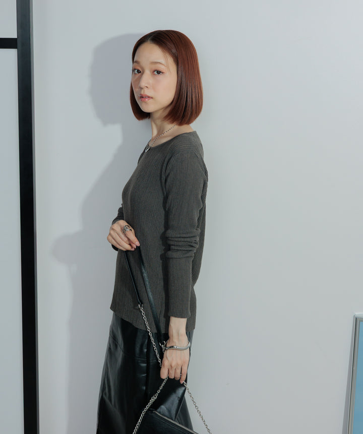 【SET】バックオープンリブカットソー+フェイクレザースリットロングスカート(2set)