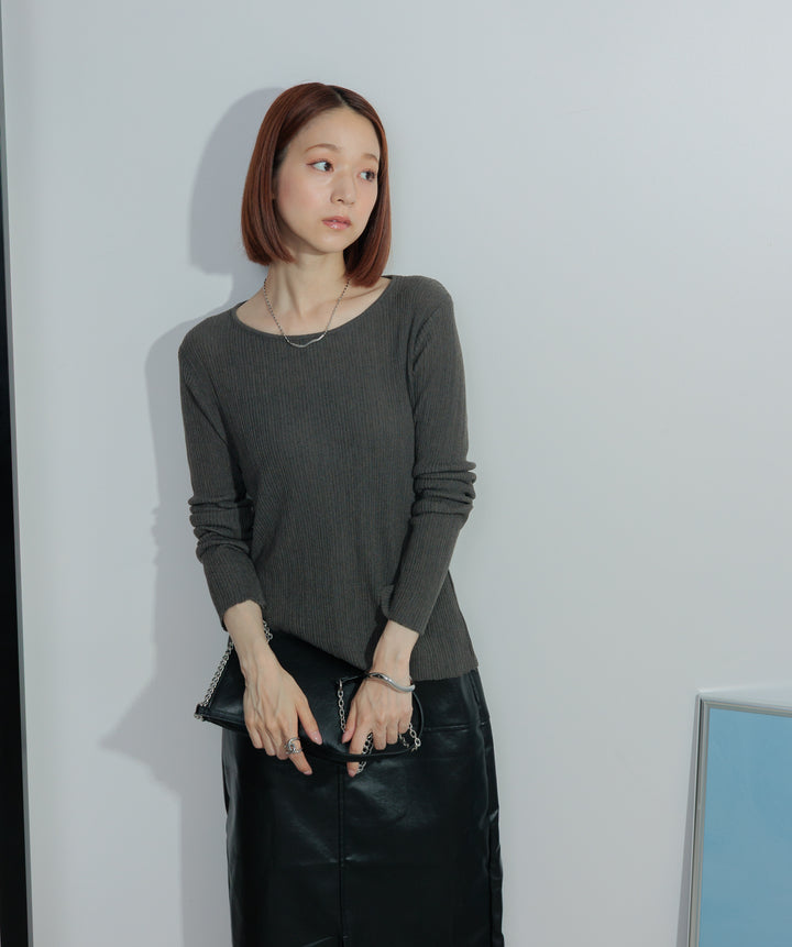 【SET】バックオープンリブカットソー+フェイクレザースリットロングスカート(2set)