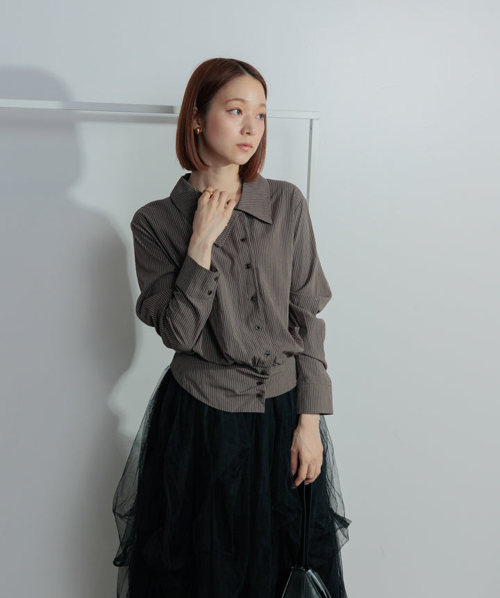 【SET】アシンメトリーヘムギャザーストライプシャツ+タックボリュームチュールスカート(2set)