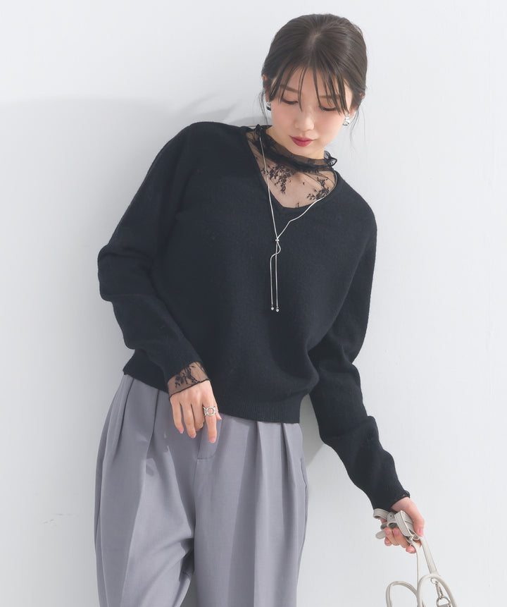 シアー花柄Vネックニット