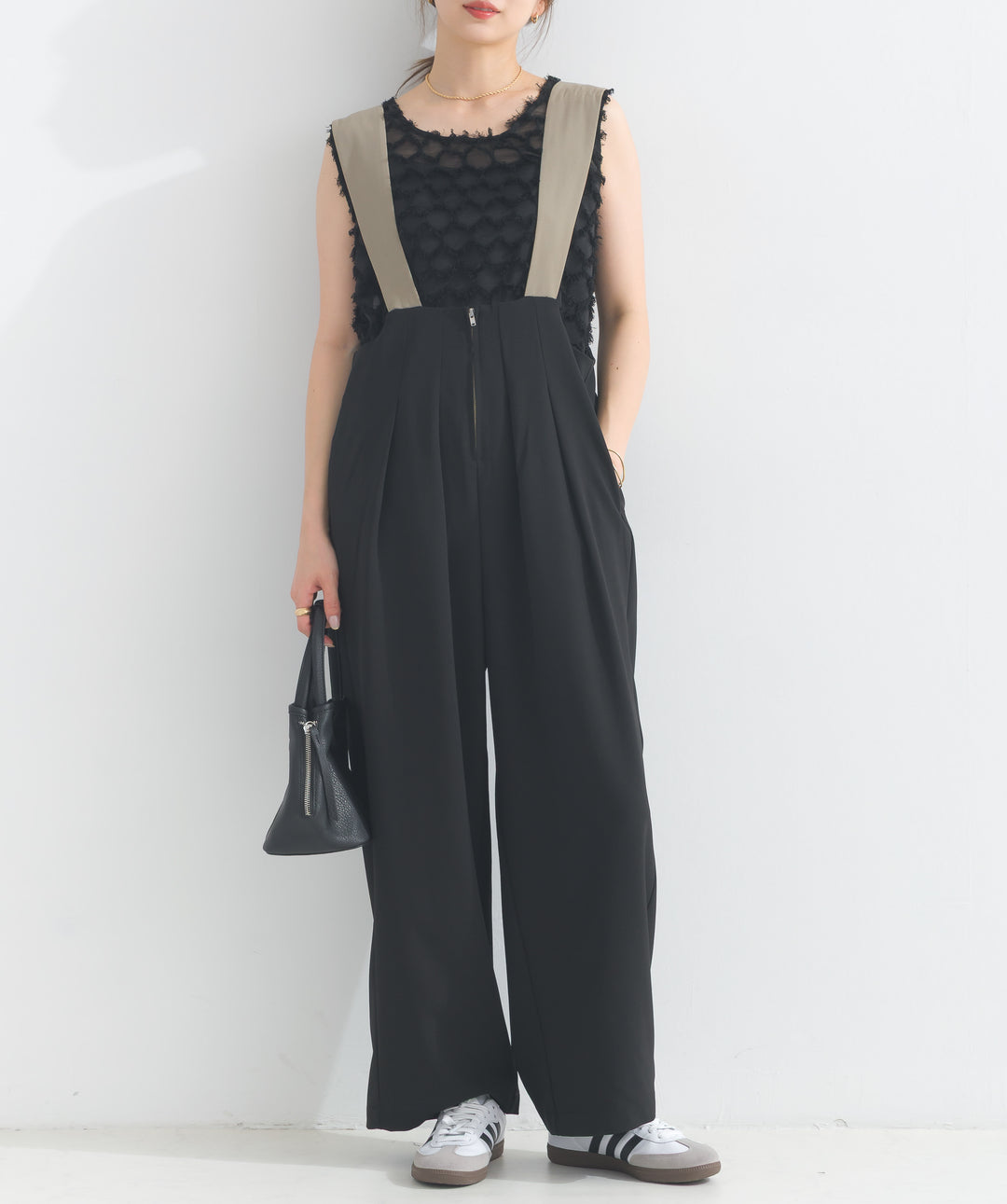 エステルストレッチ配色サロペット
