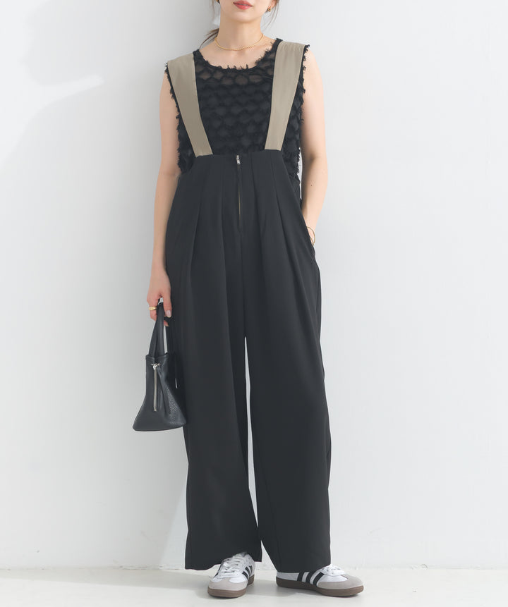 エステルストレッチ配色サロペット