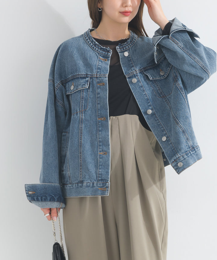 ノーカラーデニムジャケット