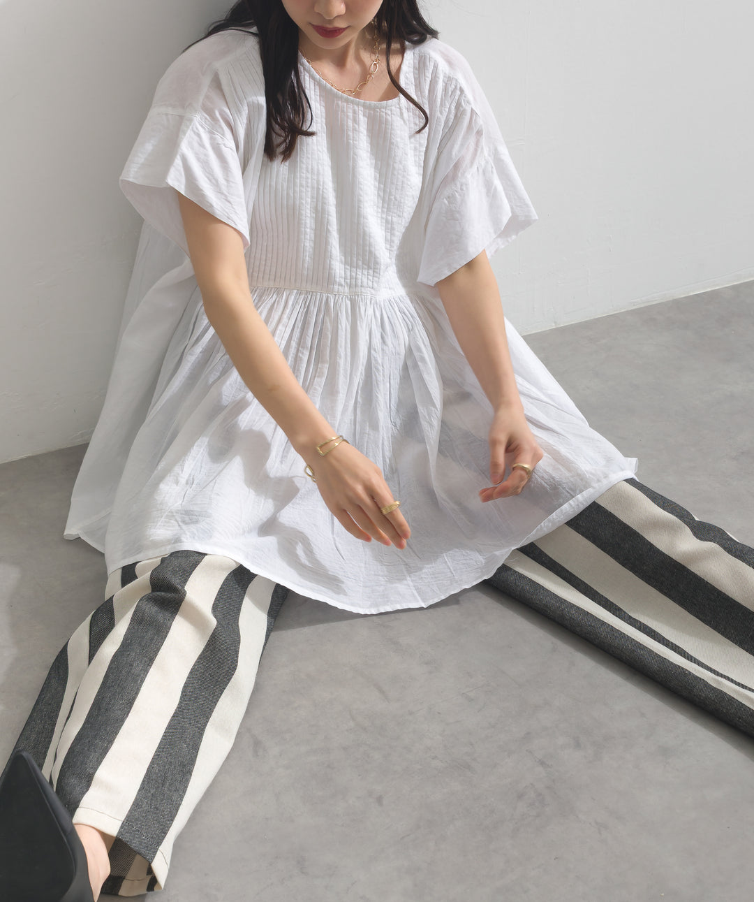 フロントギャザー半袖ワイドブラウス