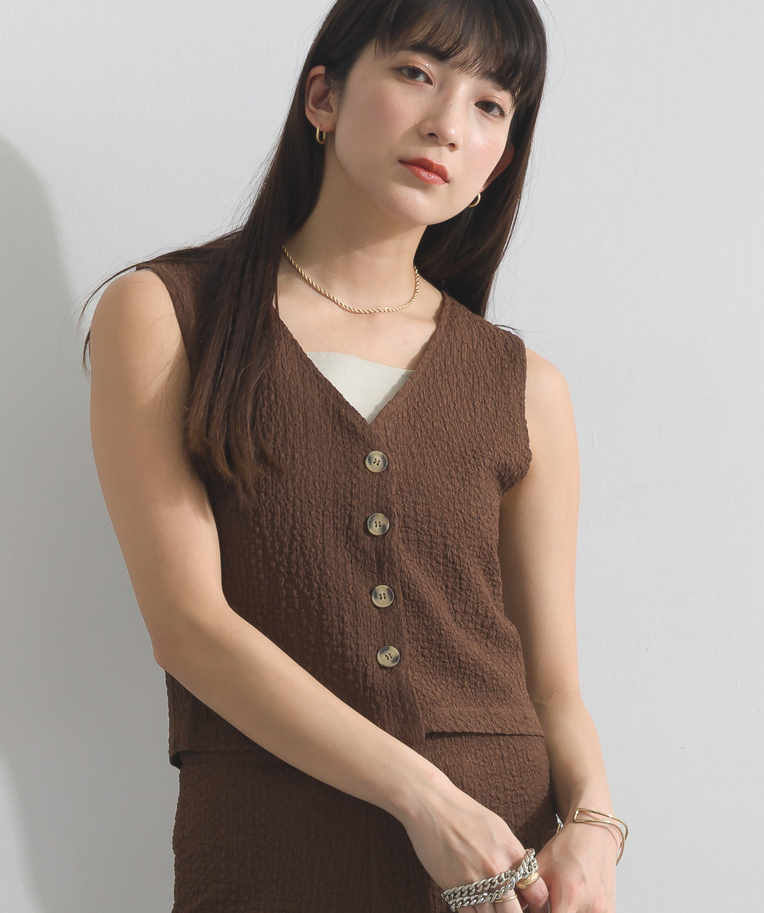 ふくれジャガード ジレ＋ワイドパンツ セットアップ