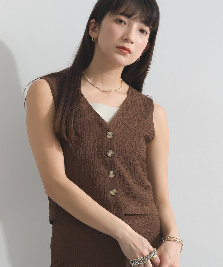 ふくれジャガード ジレ＋ワイドパンツ セットアップ
