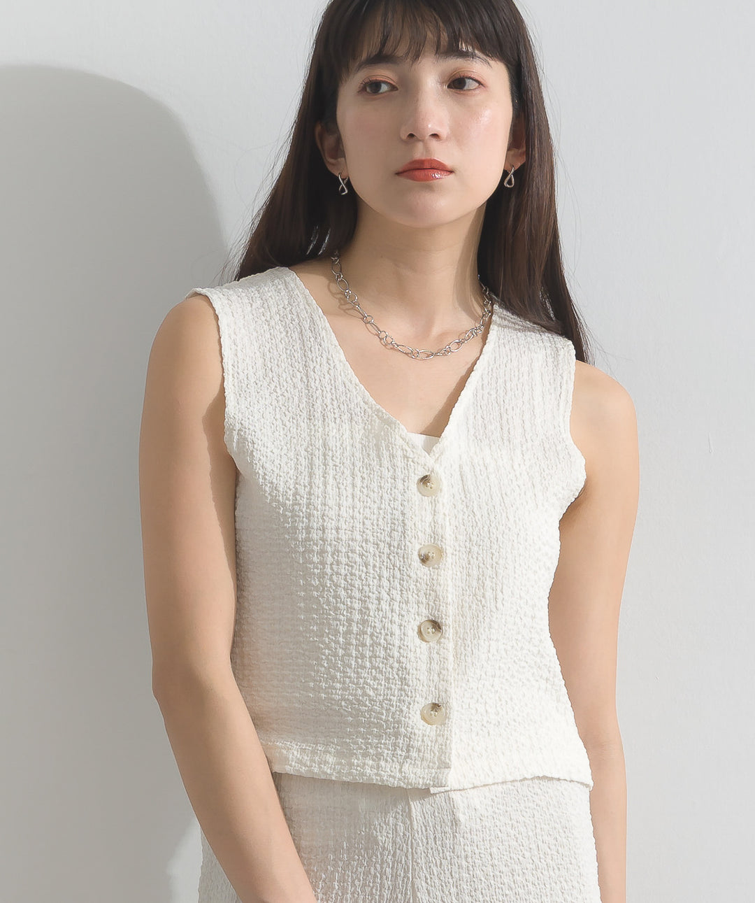 ふくれジャガード ジレ＋ワイドパンツ セットアップ