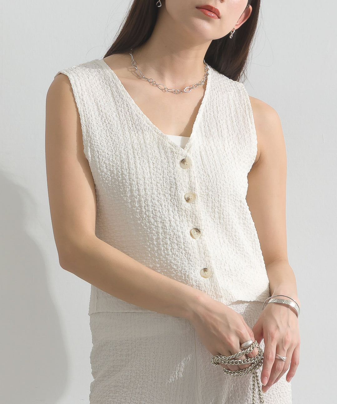 ふくれジャガード ジレ＋ワイドパンツ セットアップ