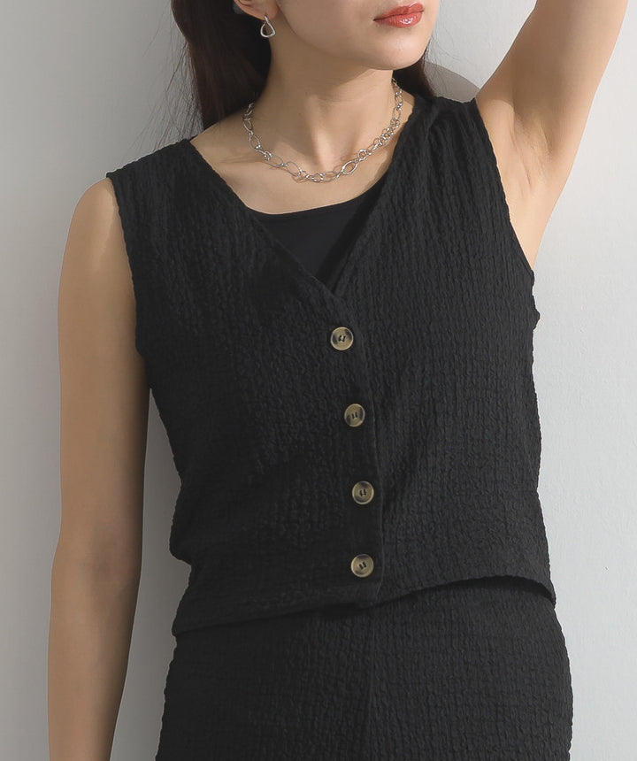 ふくれジャガード ジレ＋ワイドパンツ セットアップ