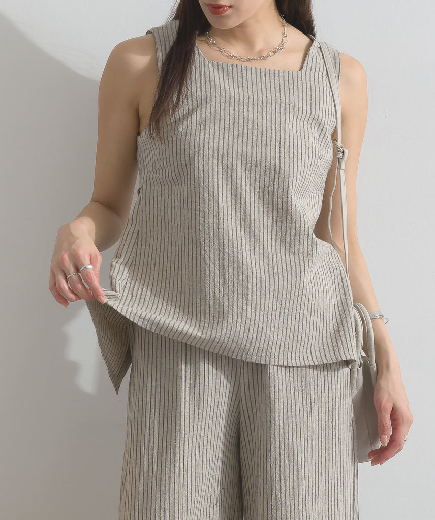 セットアップ ノースリーブトップス ストライプ柄パンツ ストライプノースリーブ+ワイドパンツセットアップ – OandI