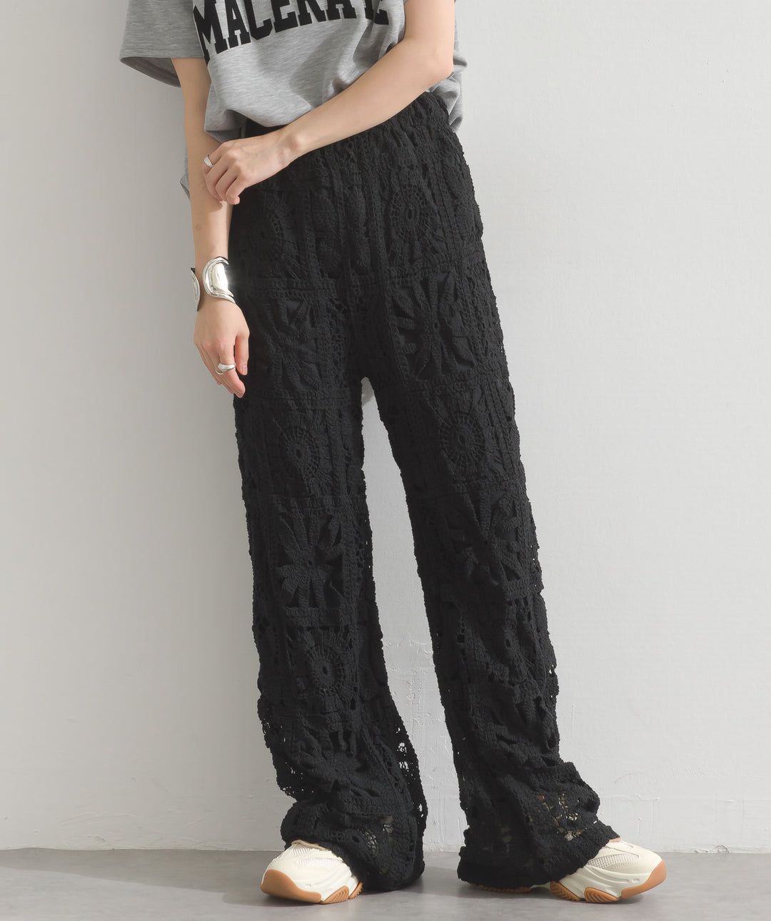 ブロッククロシェニットパンツ