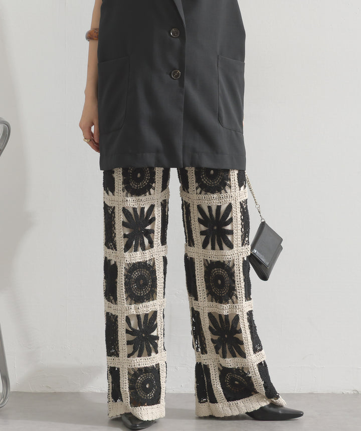 ブロッククロシェニットパンツ