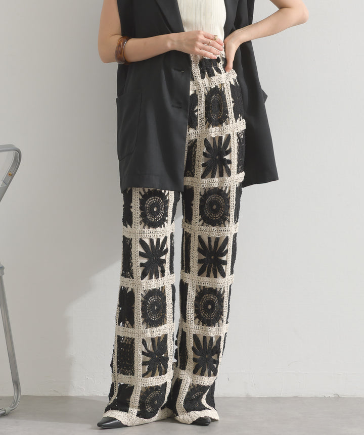 ブロッククロシェニットパンツ