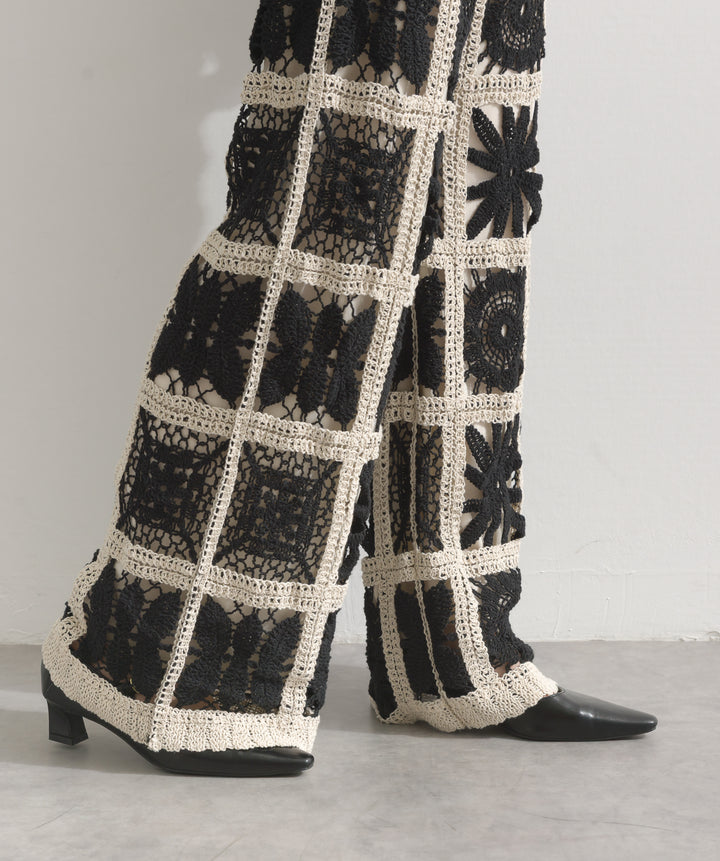 ブロッククロシェニットパンツ