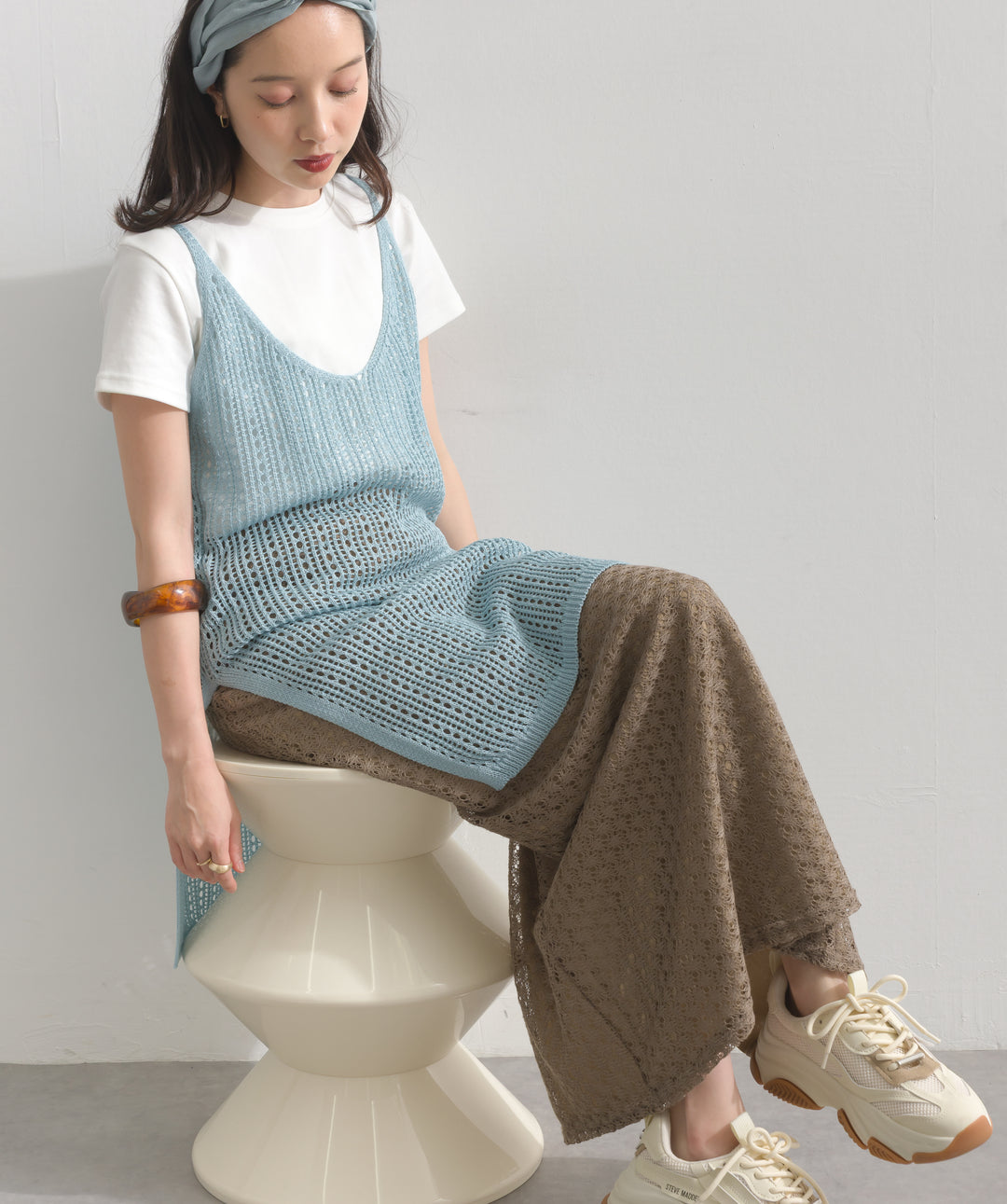 透かし編みカットソーストレートスカート