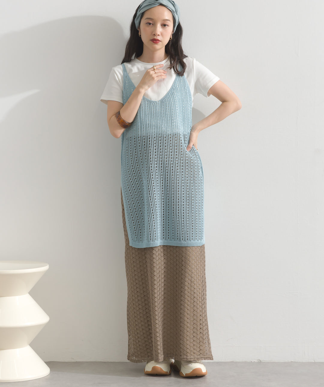 透かし編みカットソーストレートスカート