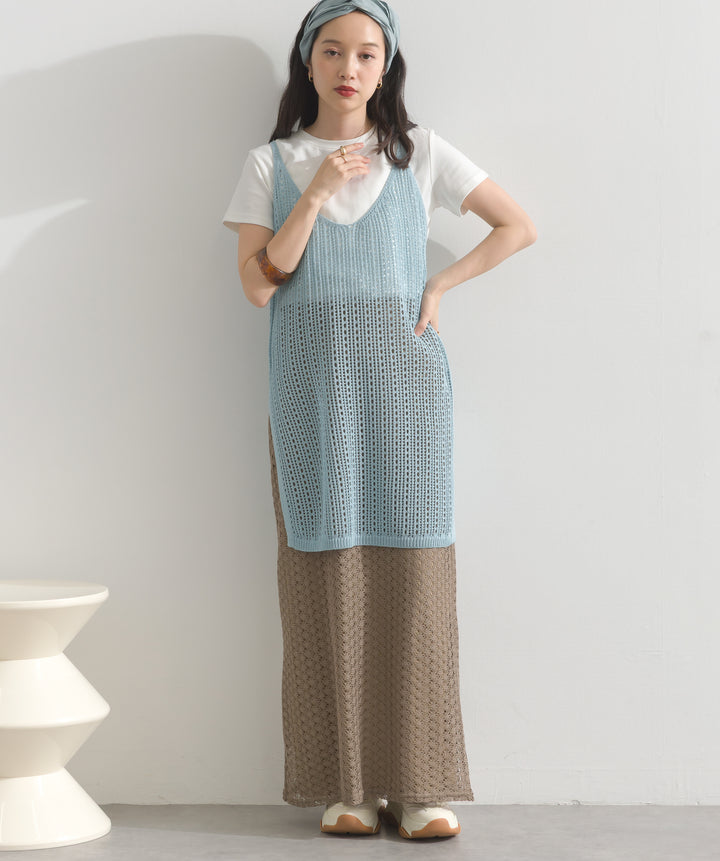 透かし編みカットソーストレートスカート