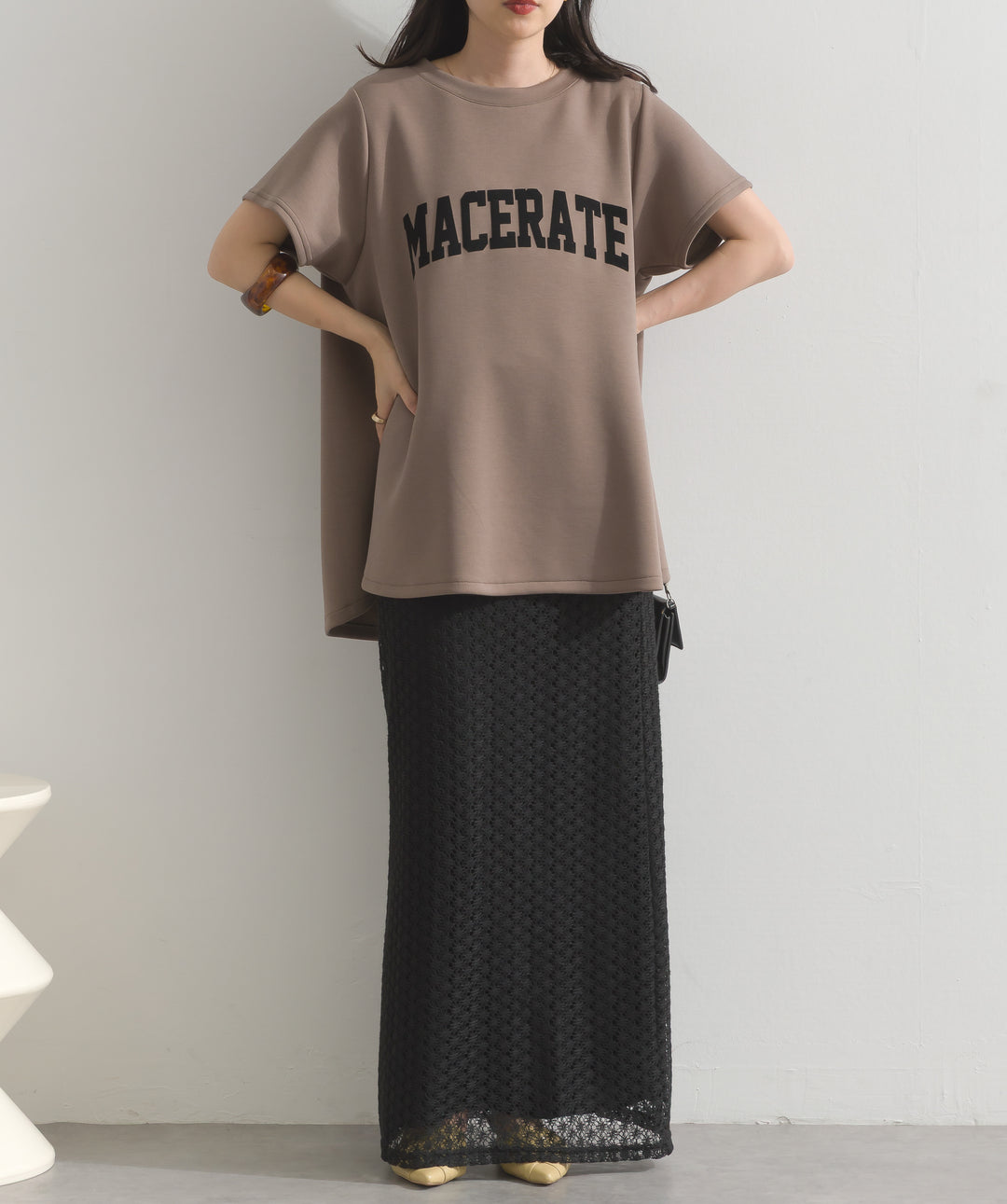 透かし編みカットソーストレートスカート