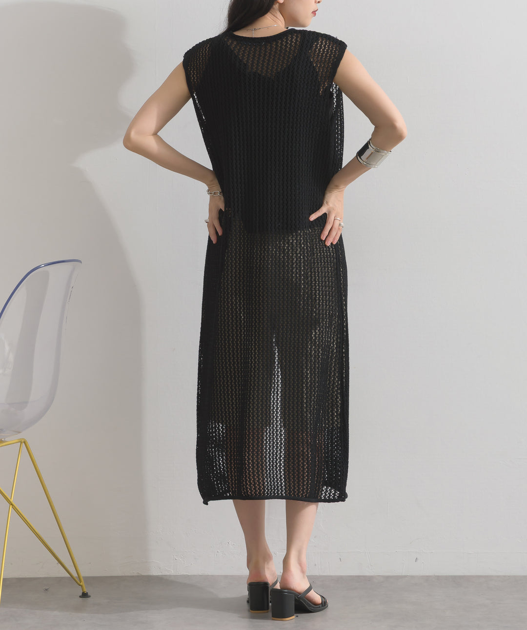 メッシュニットロングジレワンピース
