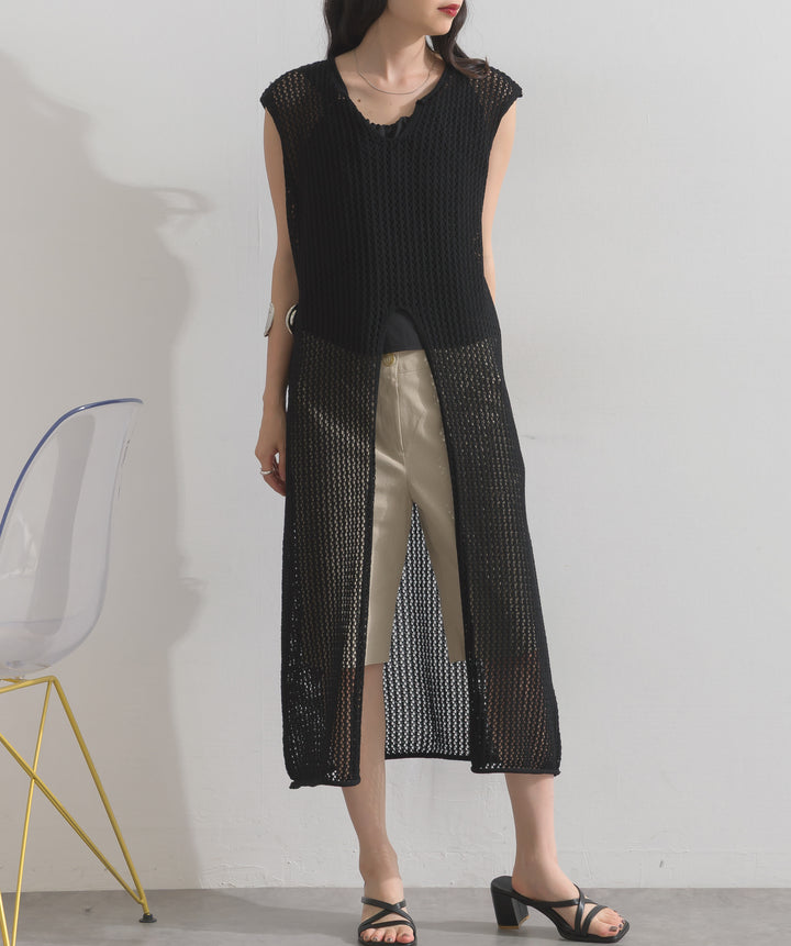 メッシュニットロングジレワンピース