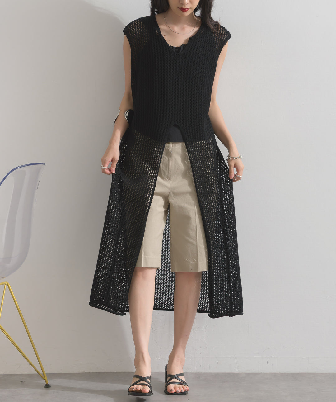メッシュニットロングジレワンピース