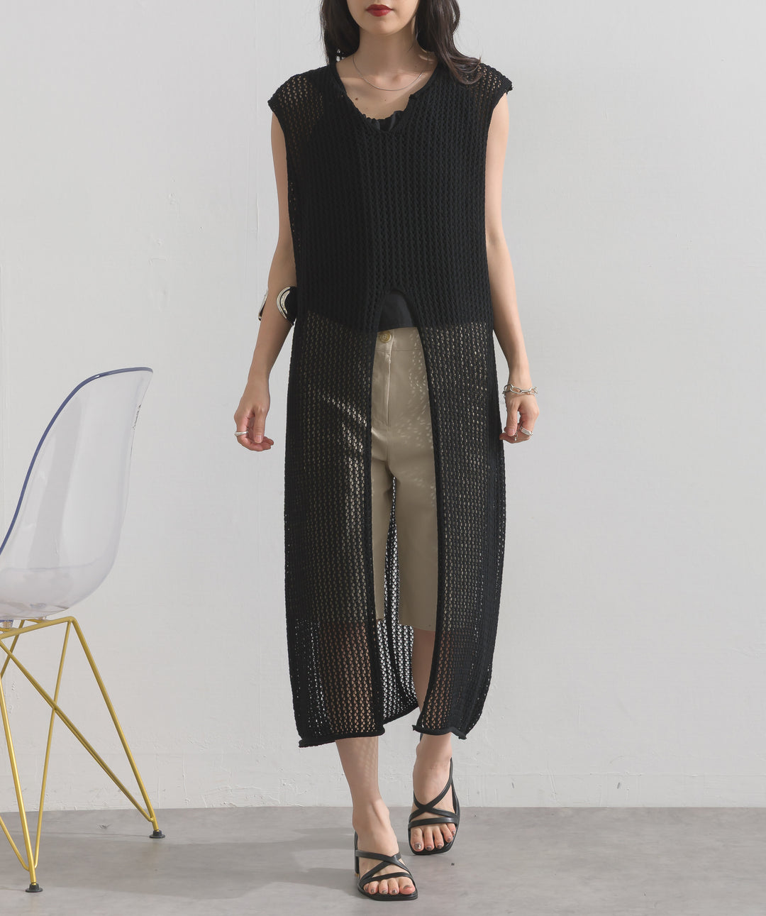 メッシュニットロングジレワンピース