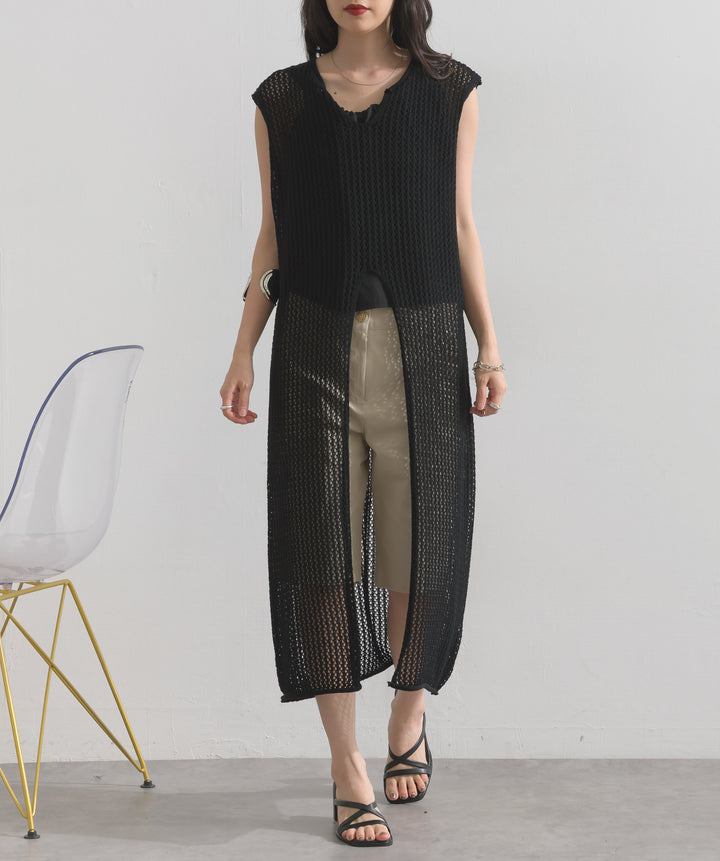 メッシュニットロングジレワンピース