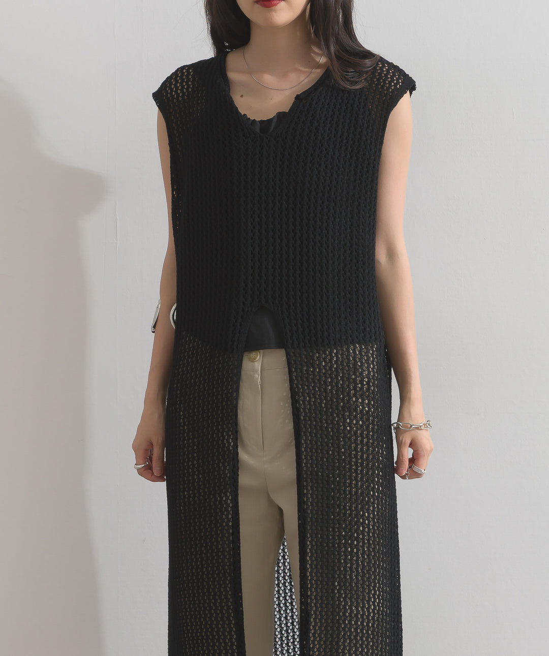 メッシュニットロングジレワンピース