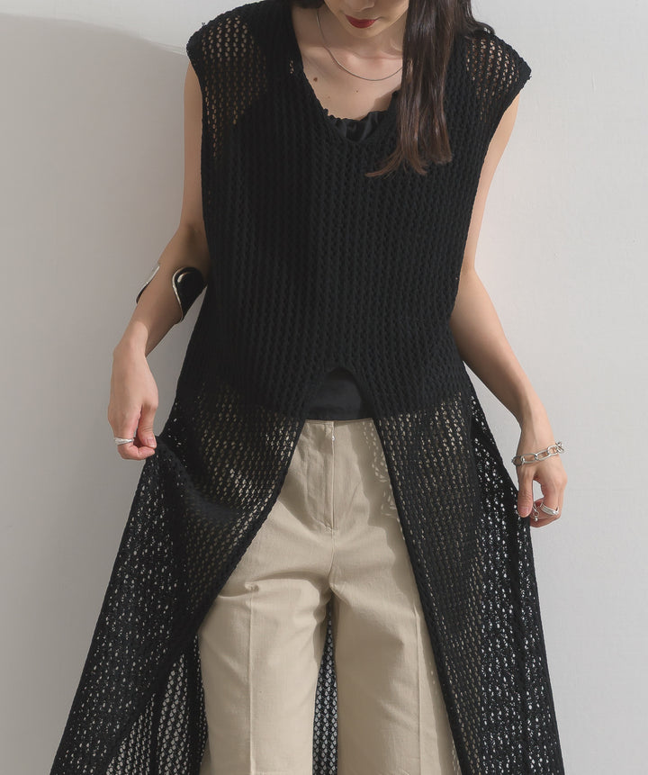 メッシュニットロングジレワンピース