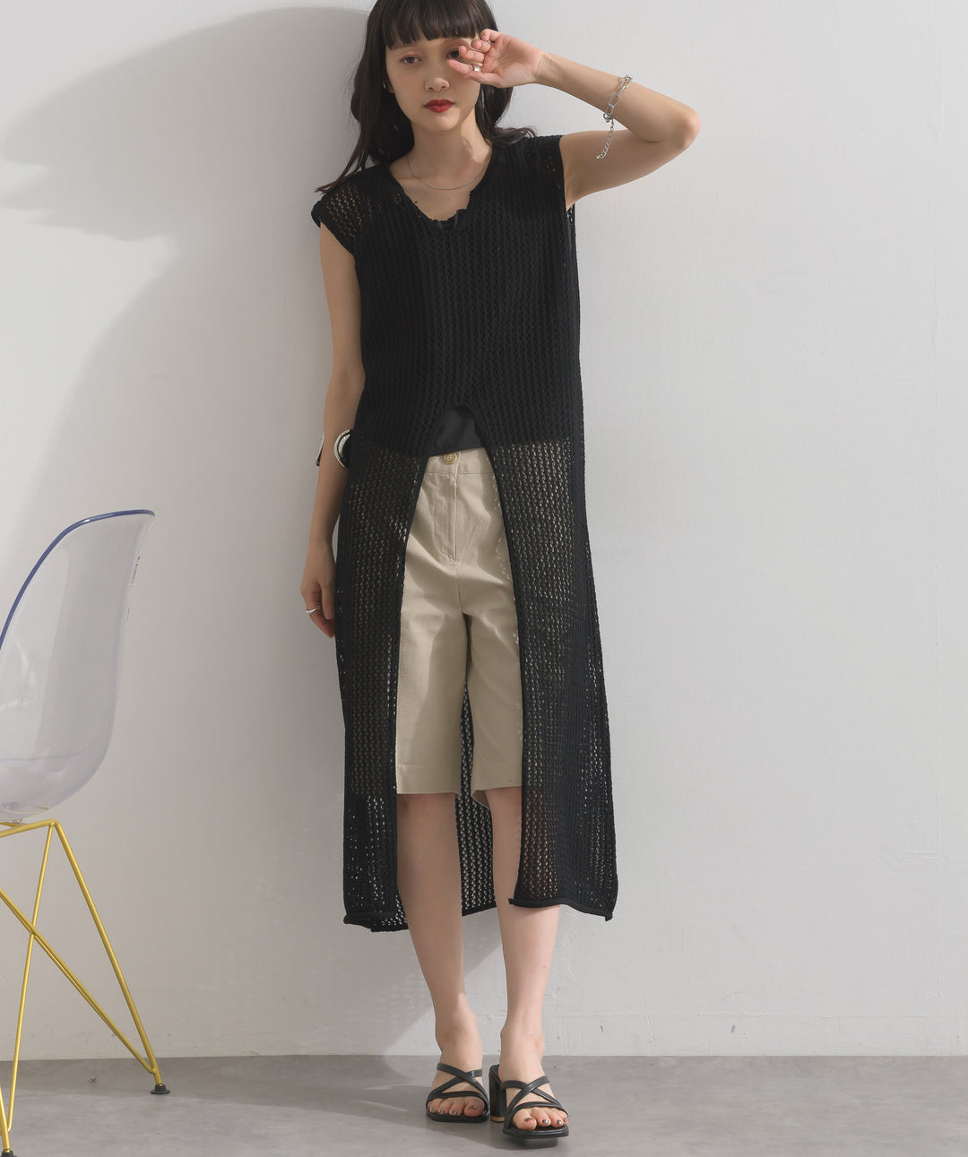 メッシュニットロングジレワンピース