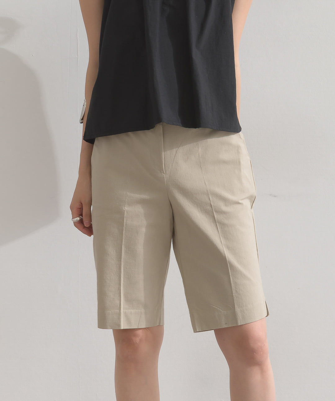 ストレッチ綿麻5分丈ショートパンツ