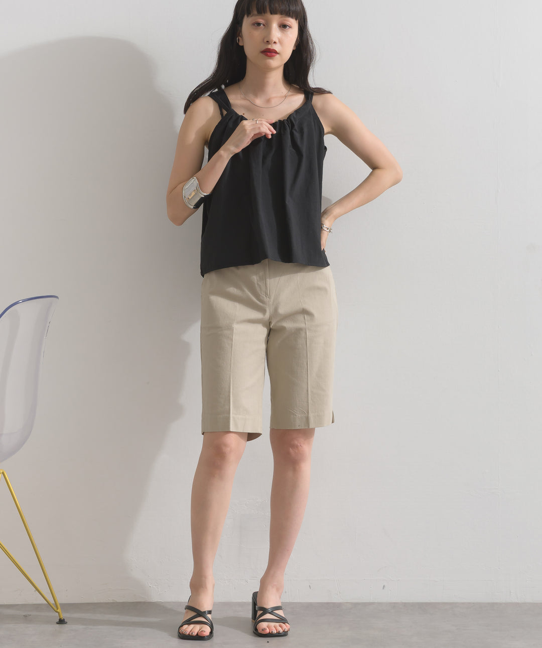 ストレッチ綿麻5分丈ショートパンツ