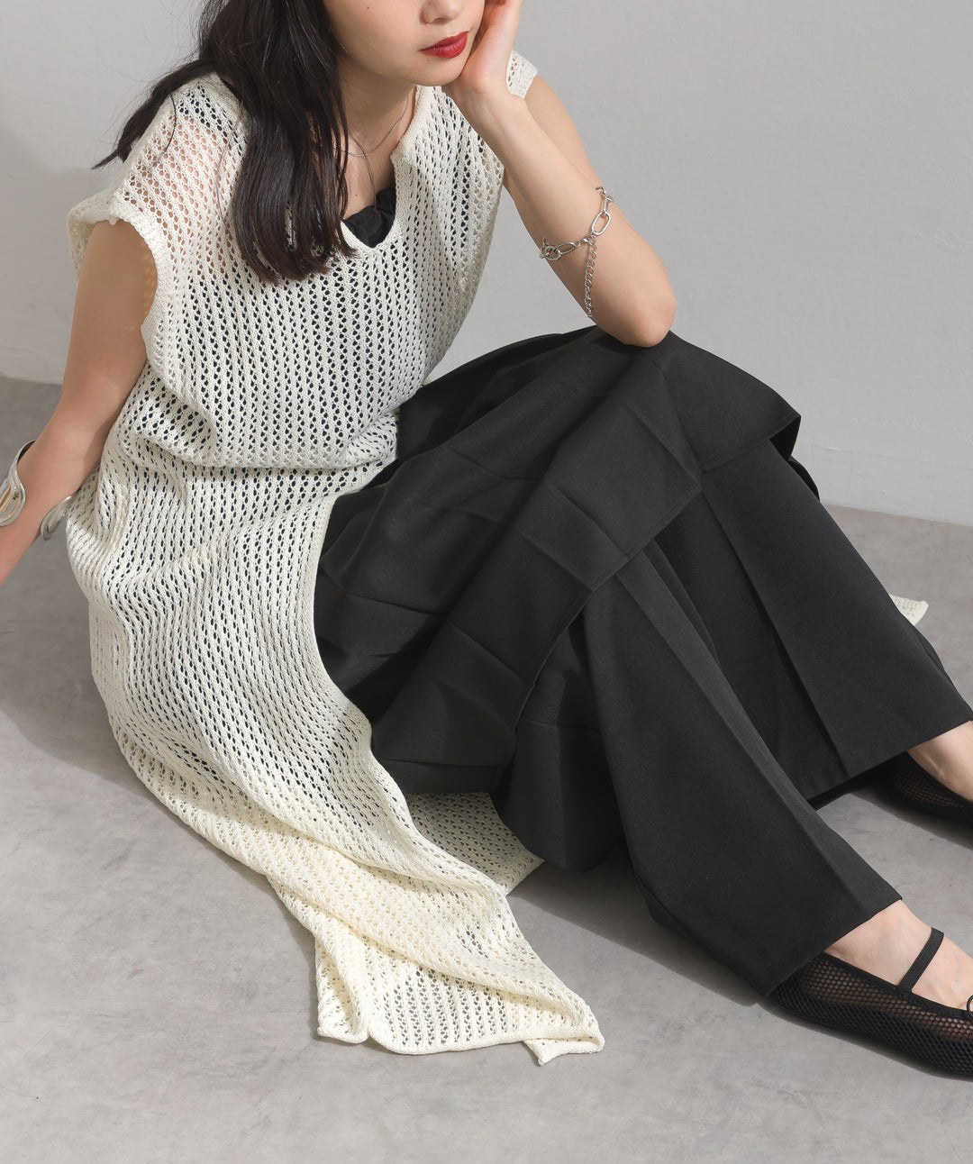 メッシュニットロングジレワンピース