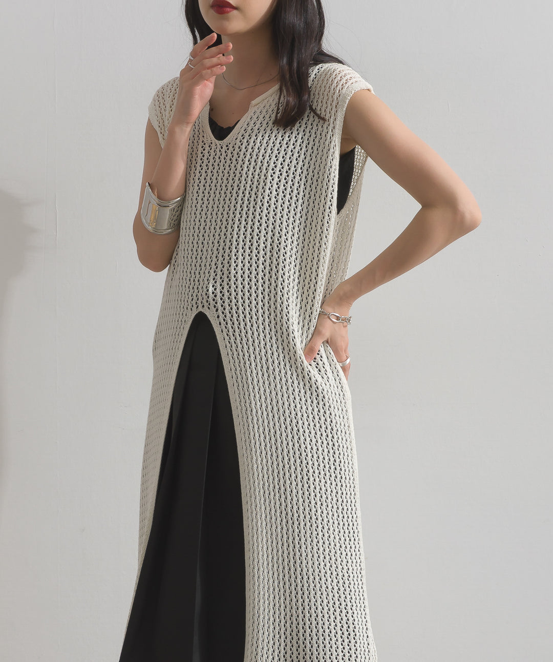 メッシュニットロングジレワンピース