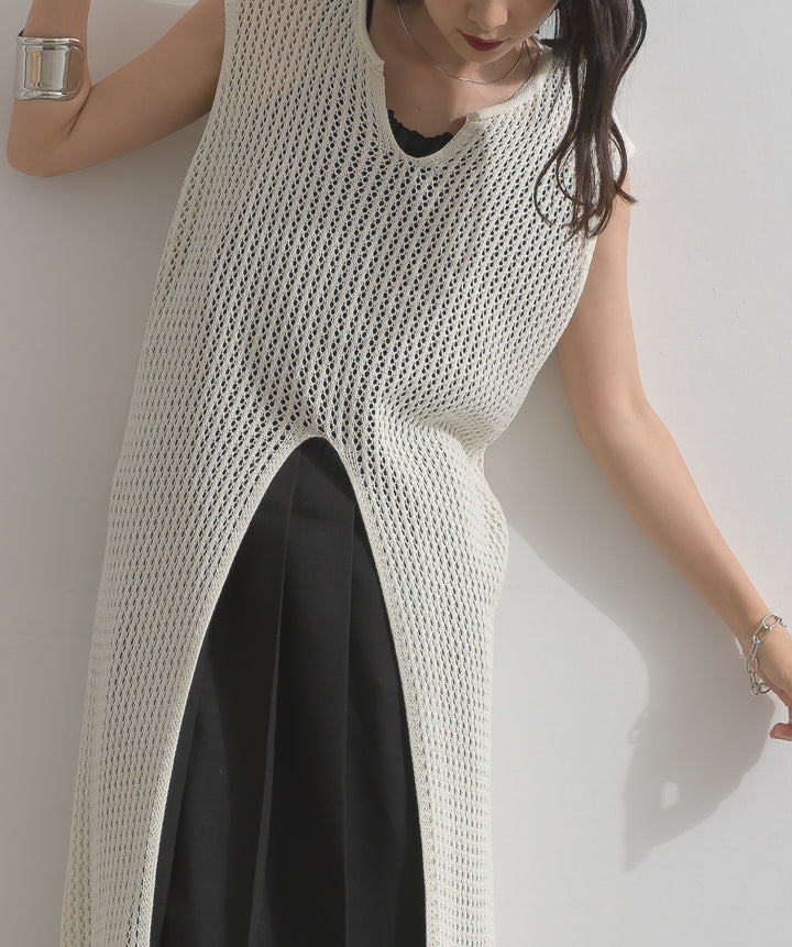 メッシュニットロングジレワンピース